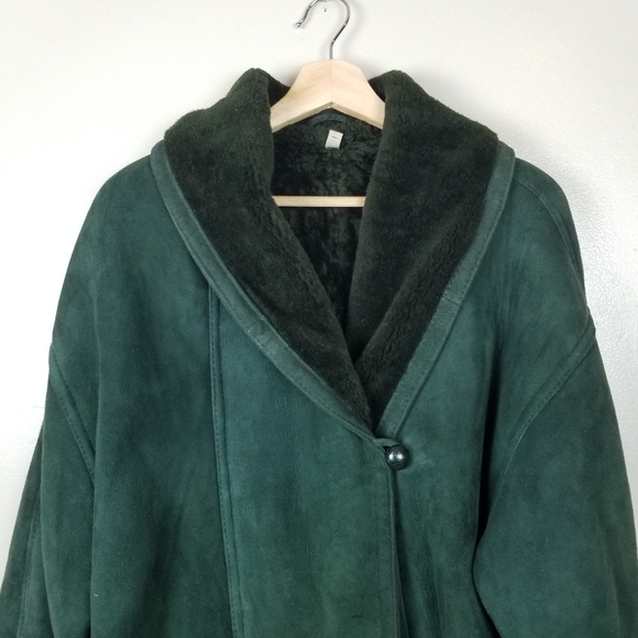 CALAFATE 100% Shearling Dark Green Vintage Coat Dark Green Boho Oversized S - Picture 2 of 13